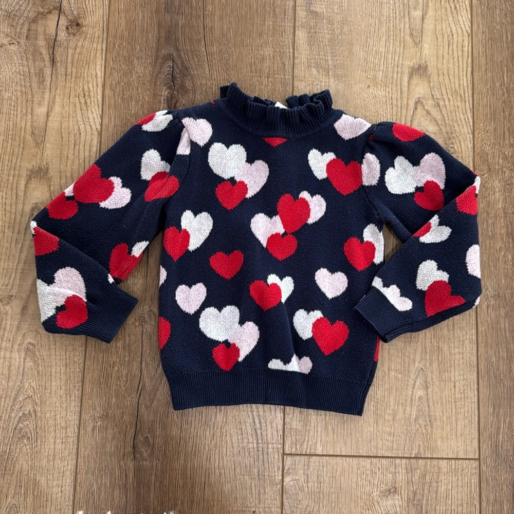 EUC Janie and Jack girls navy sweater with hearts and ruffle collar size 3.